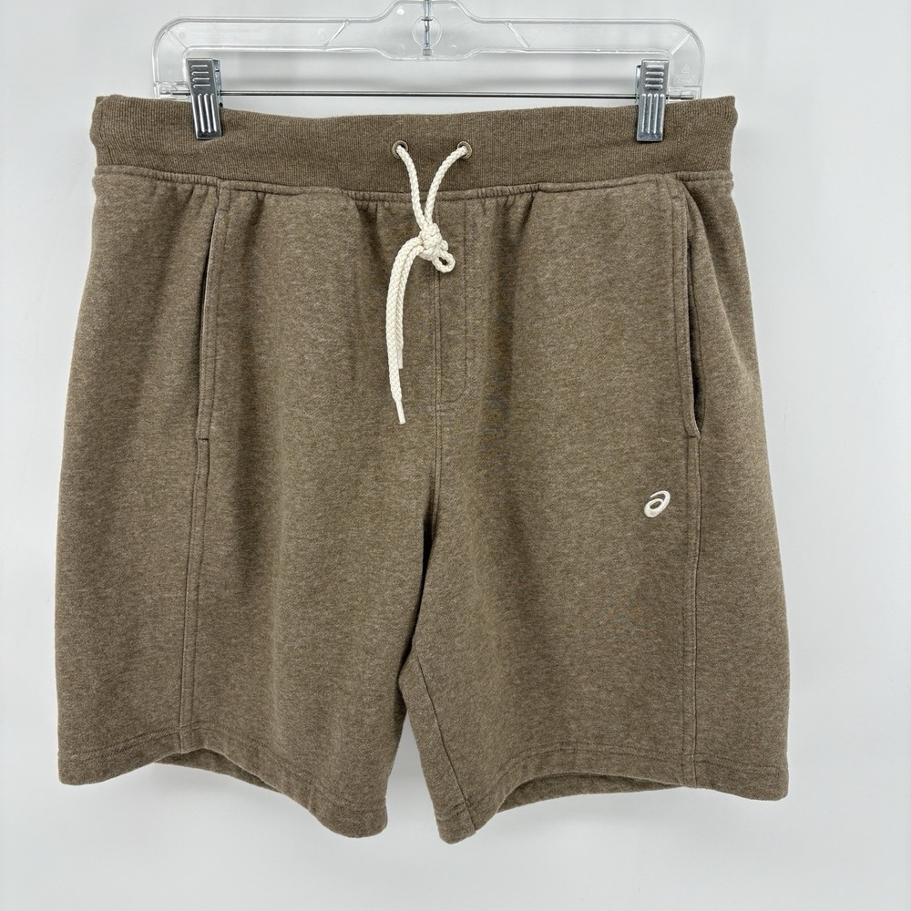 Asics Men's Brown Fleece‎ Sweat Shorts Size L Drawstring Stretch Back Pocket